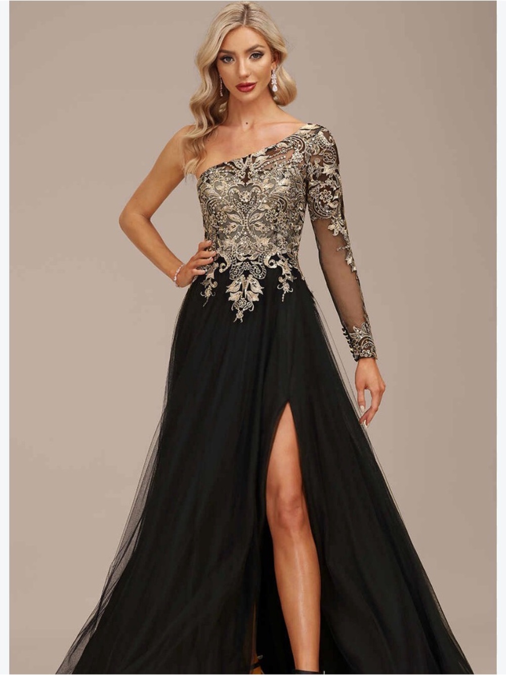 JJs House Black and Gold One-Shoulder Evening Gown
